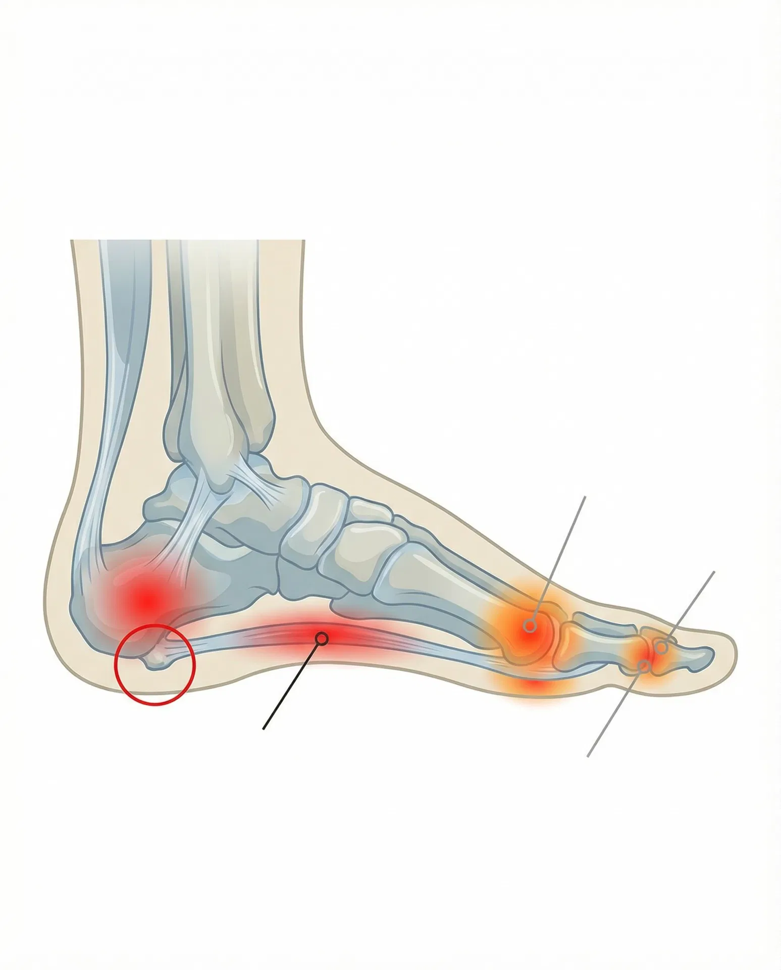 Medical diagram showing common foot pain points and injuries in shift workers
