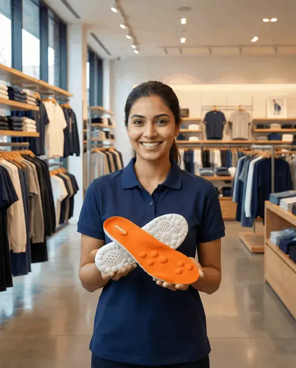 Retail worker holding Stepprs insoles in a retail store
