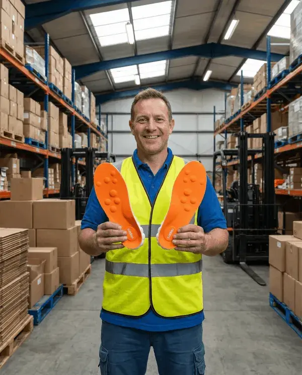 Warehouse worker holding Stepprs insoles in a warehouse