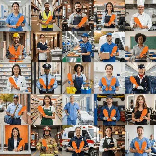 5x5 collage of 25 different shift workers all posing with Stepprs insoles in their workplaces