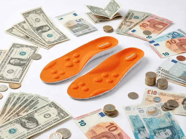 Stepprs massage insoles surrounded by money from various currencies showing cost-effectiveness