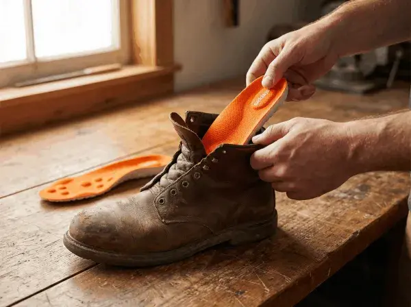 Stepprs insole being placed into a work boot